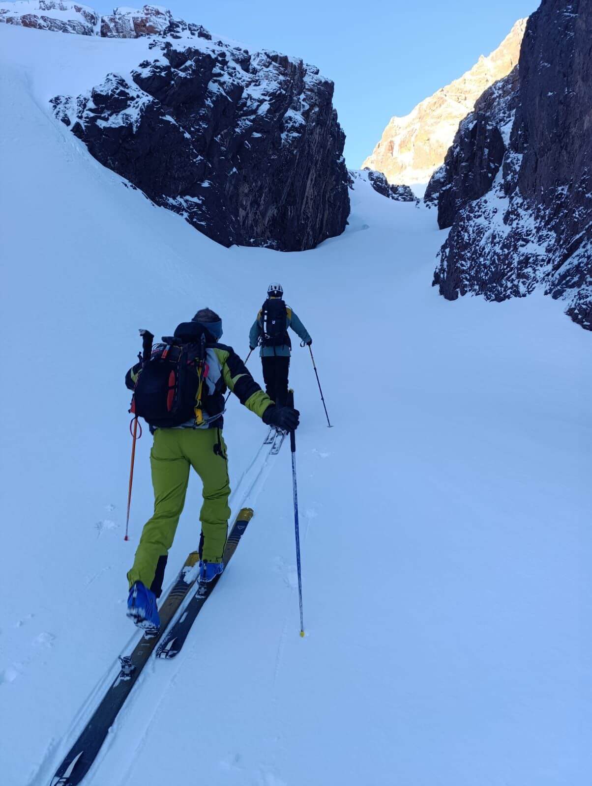 Skiers skinning towards Tizi N'Tadat in the High Atlas
