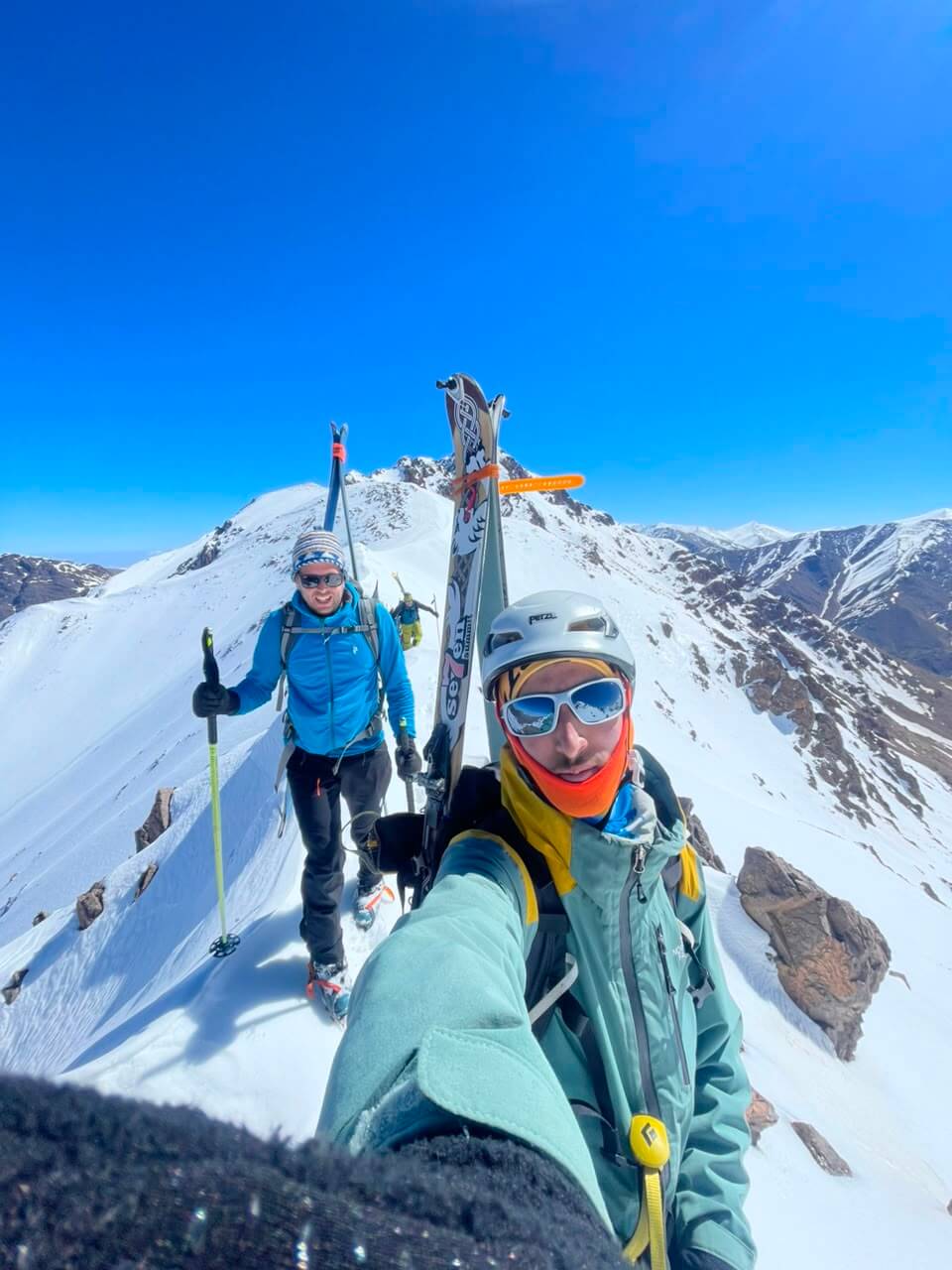 Ski touring along a high mountain ridge in Morocco