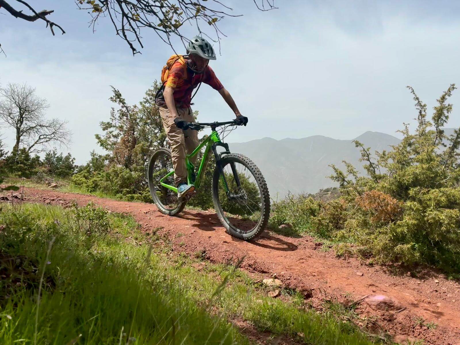 Mountain biker riding a trail in the High Atlas Mountains of Morocco