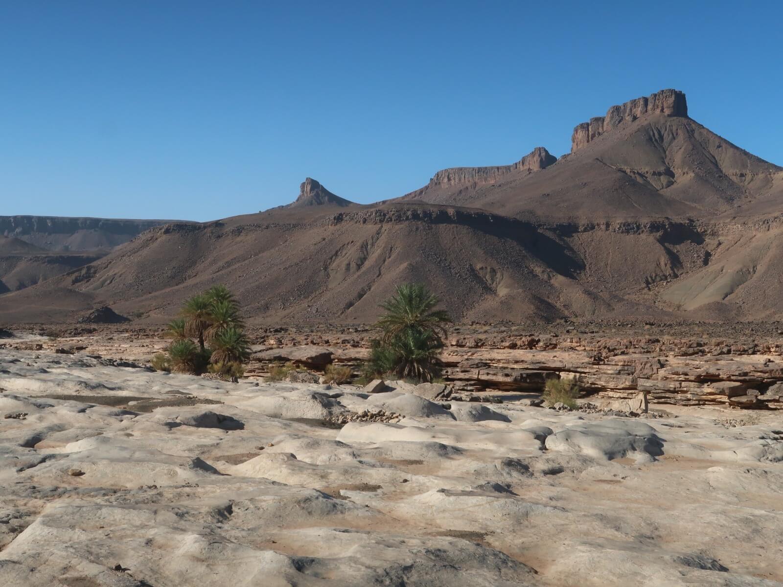 Oued Mhasser desert valley along a remote trekking route in southern Morocco
