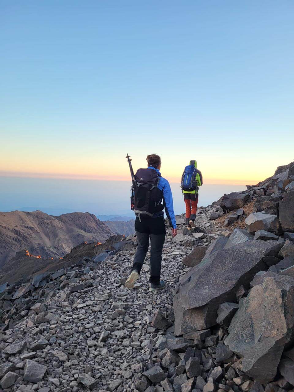 Mountain ridge and panoramic views during the Mount Toubkal summit trek in the High Atlas Mountains
